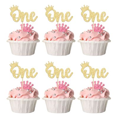 24Pcs Crown Cupcake Toppers Gold Glitter Crown One Cupcake Toppers Prince 1st Birthday Crown Cupcake Decors for Prince Crown Theme Baby Shower Party Decoration Supplies