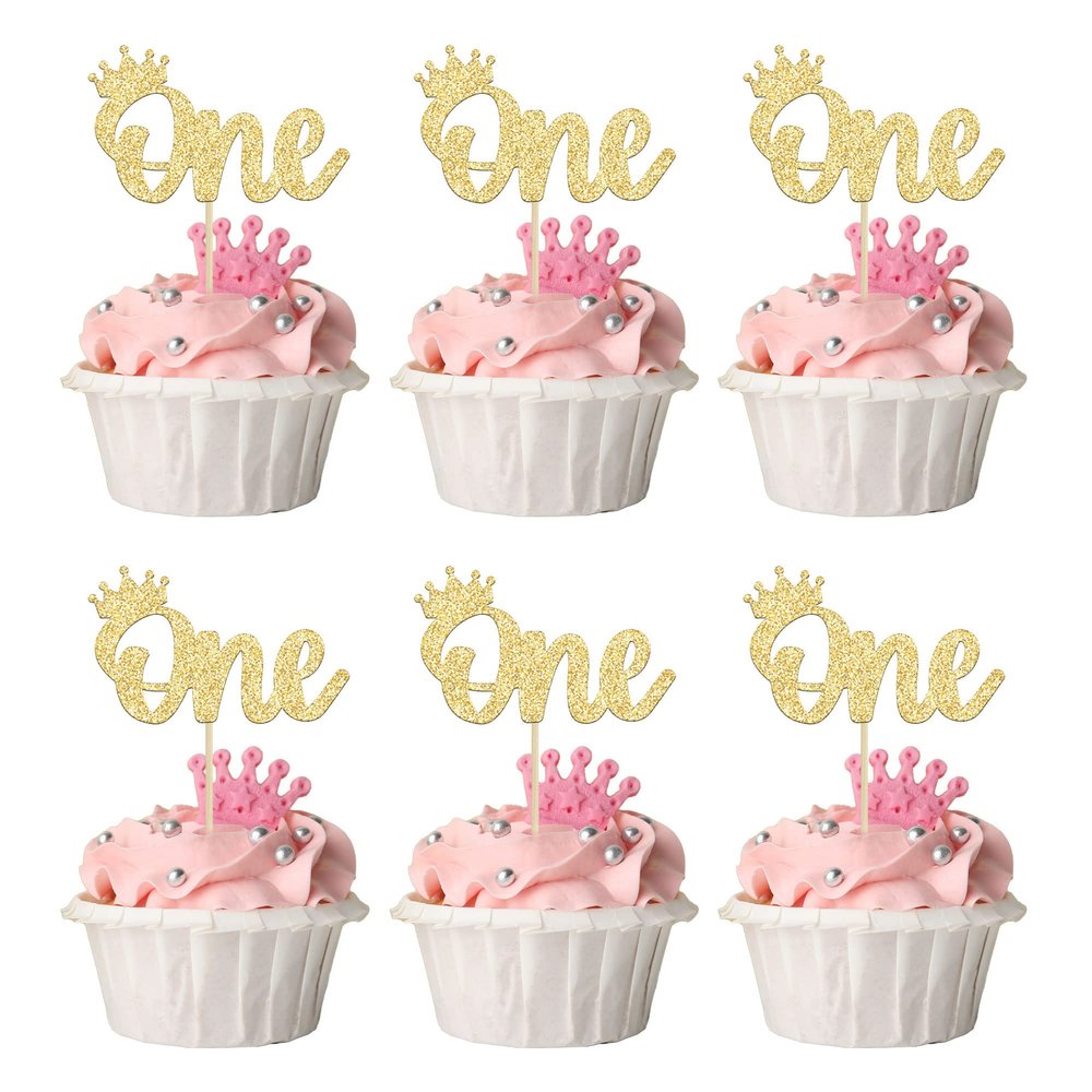 24Pcs Crown Cupcake Toppers Gold Glitter Crown One Cupcake Toppers Prince 1st Birthday Crown Cupcake Decors for Prince Crown Theme Baby Shower Party Decoration Supplies