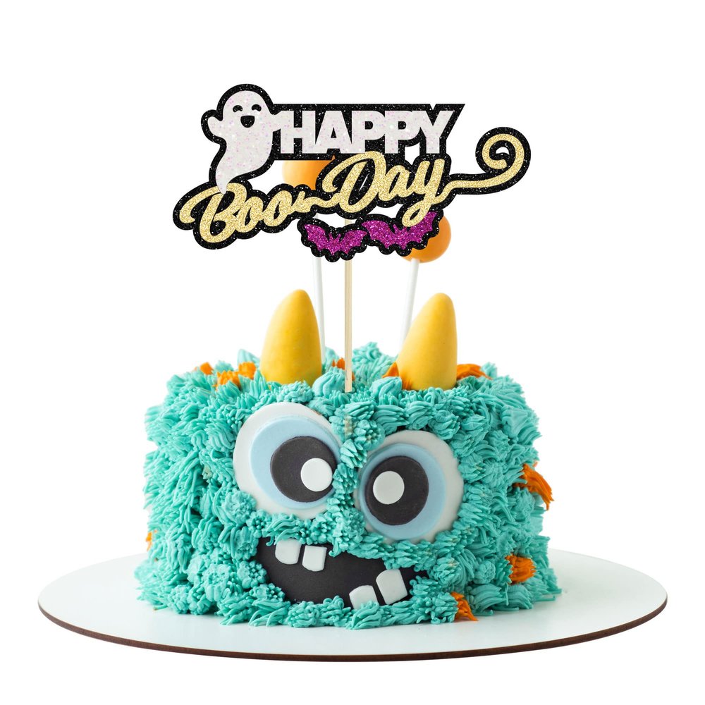 1Pc Happy Boo Day Cake Topper Glitter Happy Halloween Cake Picks Happy Boo Day Cake Decors with Pumpkin Ghost for Halloween Theme Birthday Party Supplies