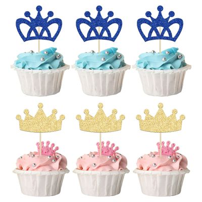 24Pcs Crown Cupcake Toppers Prince and Princes Blue Gold Glitter Royal Crown Cupcake Picks King Queen Crown Cupcake Decors for Prince Crown Theme Baby Shower Party Decoration Supplies
