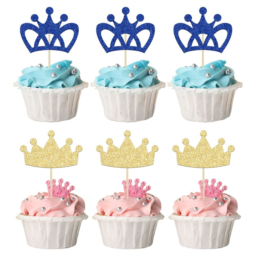 24Pcs Crown Cupcake Toppers Prince and Princes Blue Gold Glitter Royal Crown Cupcake Picks King Queen Crown Cupcake Decors for Prince Crown Theme Baby Shower Party Decoration Supplies