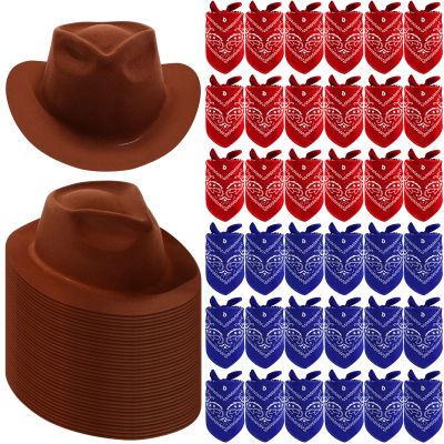 Hillban 72 Pcs Western Cowboy Hat and Paisley Bandana Set for Kids Felt Cowboy Party Hats for Costume Party Favors(Brown)
