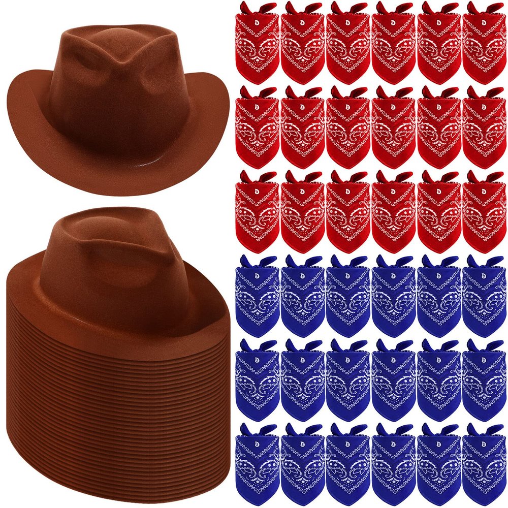 Hillban 72 Pcs Western Cowboy Hat and Paisley Bandana Set for Kids Felt Cowboy Party Hats for Costume Party Favors(Brown)