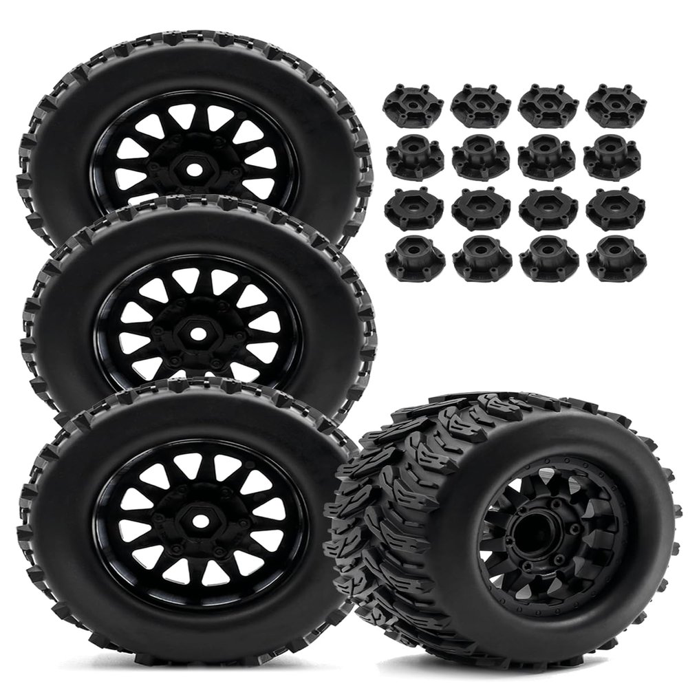 Rcarmumb 12mm/14mm Hex RC Truck Tires Wheel for 1/10 Arrm a Granite Vorteks Big Rock,Rustler Stampede Hoss/Axia1 LOS1 Red cat Rc 4wd,4pcs Rc Truck Tires,Black