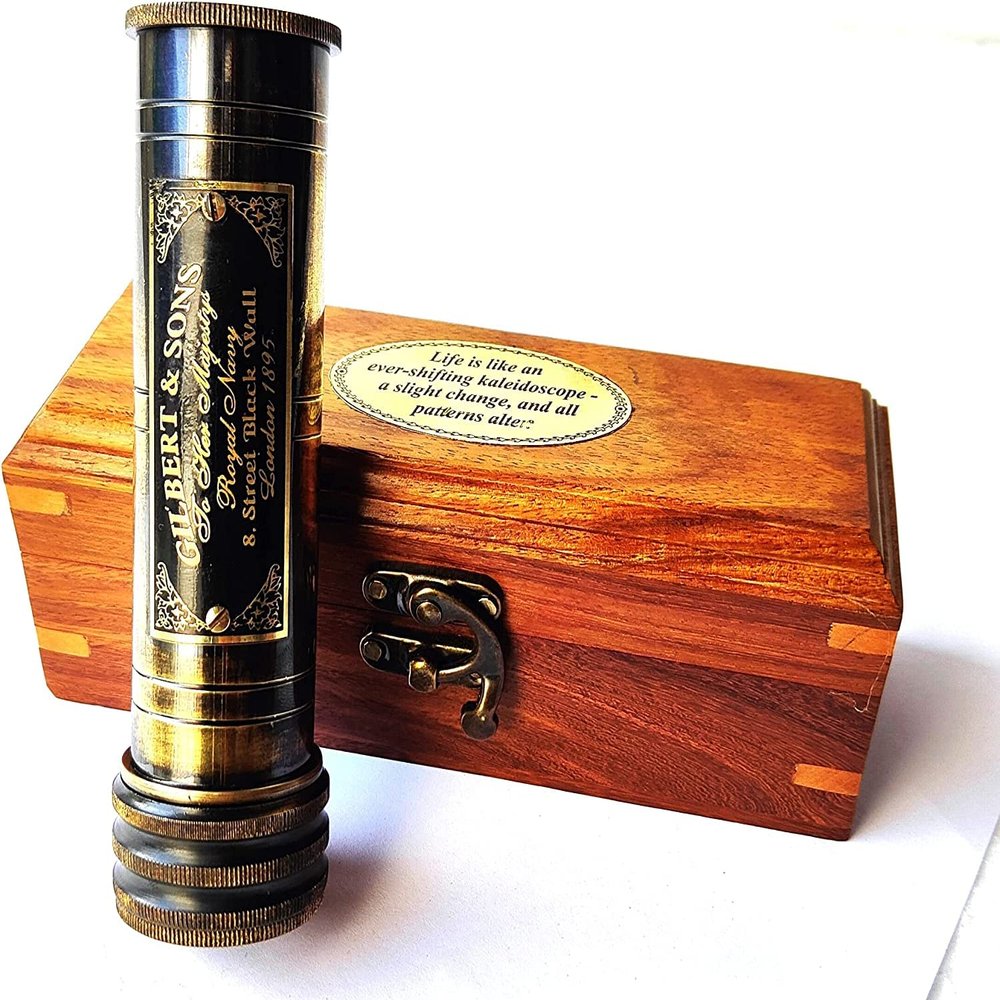 Karv Instruments Kaleidoscope with Wooden Box, 5 Inches Brass Barrel Antiques Finished Kaleidoscope, Multi