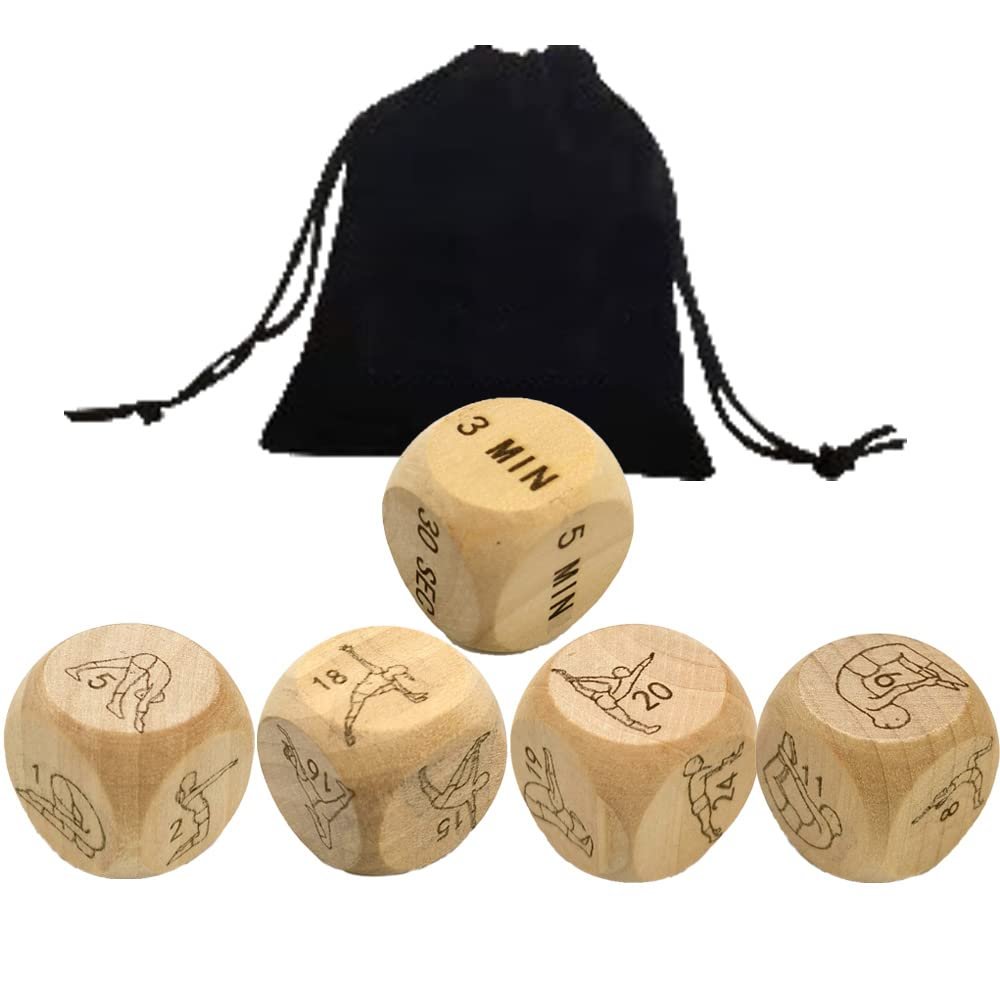 YingRen 5Pcs Natural Wooden Yoga Dice Exercise Dice Couple Dice Bedroom Game Dice/Full-Body Fitness Dice Humour Dice Decision Dice Novelty Gifts+Velvet Bag