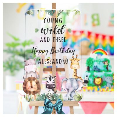 Personalized Young Wild And Three Happy Birthday Welcome Sign - Customized Jungle Safari Theme Birthday Party Decoration - Custom Wild Animals Birthday Celebration Sign (Acrylic)