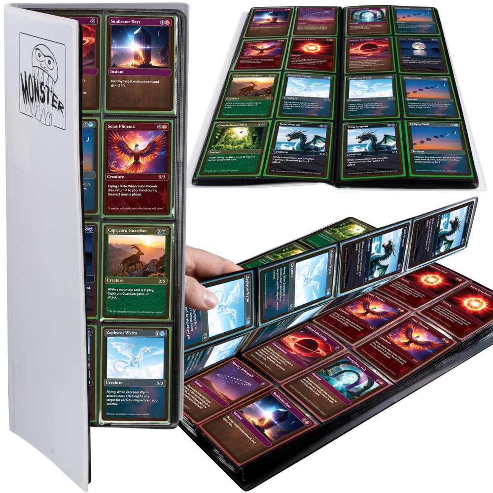 Monster 8 Pocket Trading Card Album - Matte White Binder, Anti-Theft & Anti-Drop TCG Protection w Side Loading Pockets, Holds 320 Cards -Compatible with Yugioh, Pokemon, MTG Magic the Gathering Cards