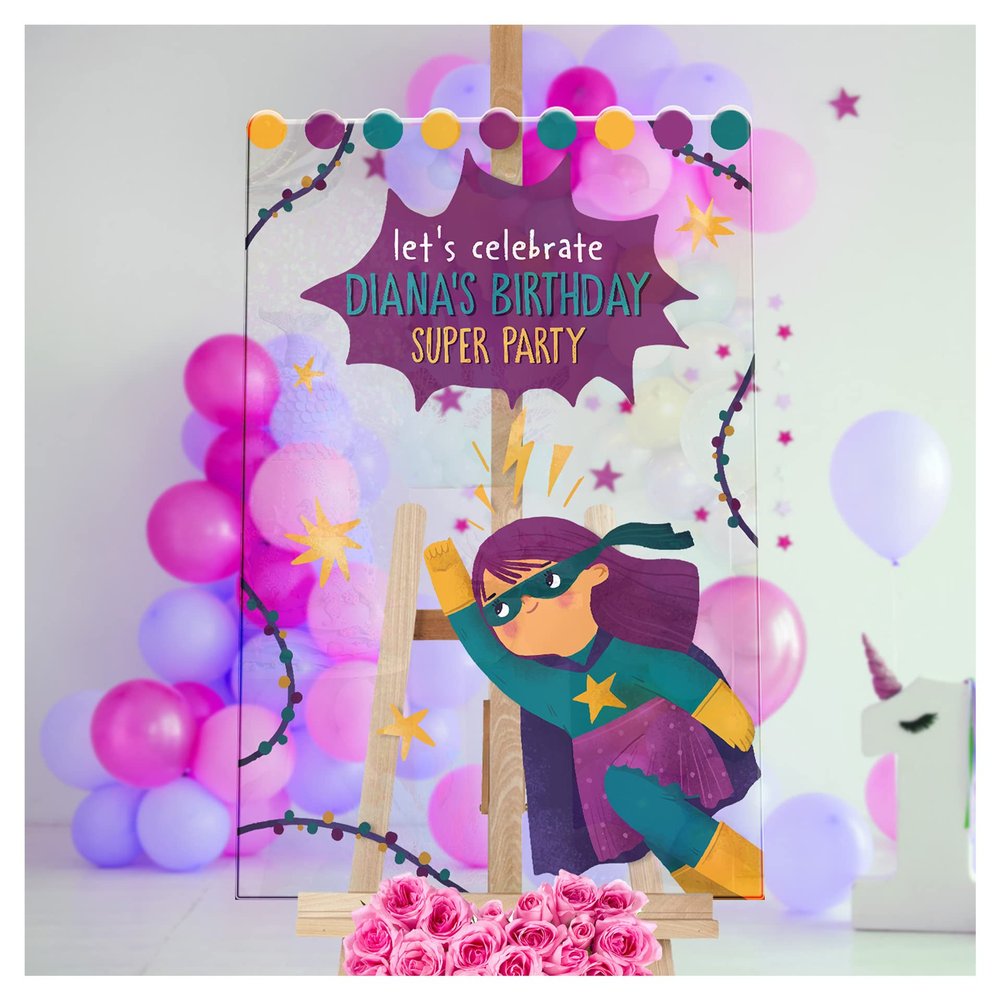 Personalized Lets Celebrate Superhero Party Birthday Welcome Sign - Customized Purple Superhero Theme Birthday Party - Custom Super Girl Birthday Celebration Decor (PVC Board)