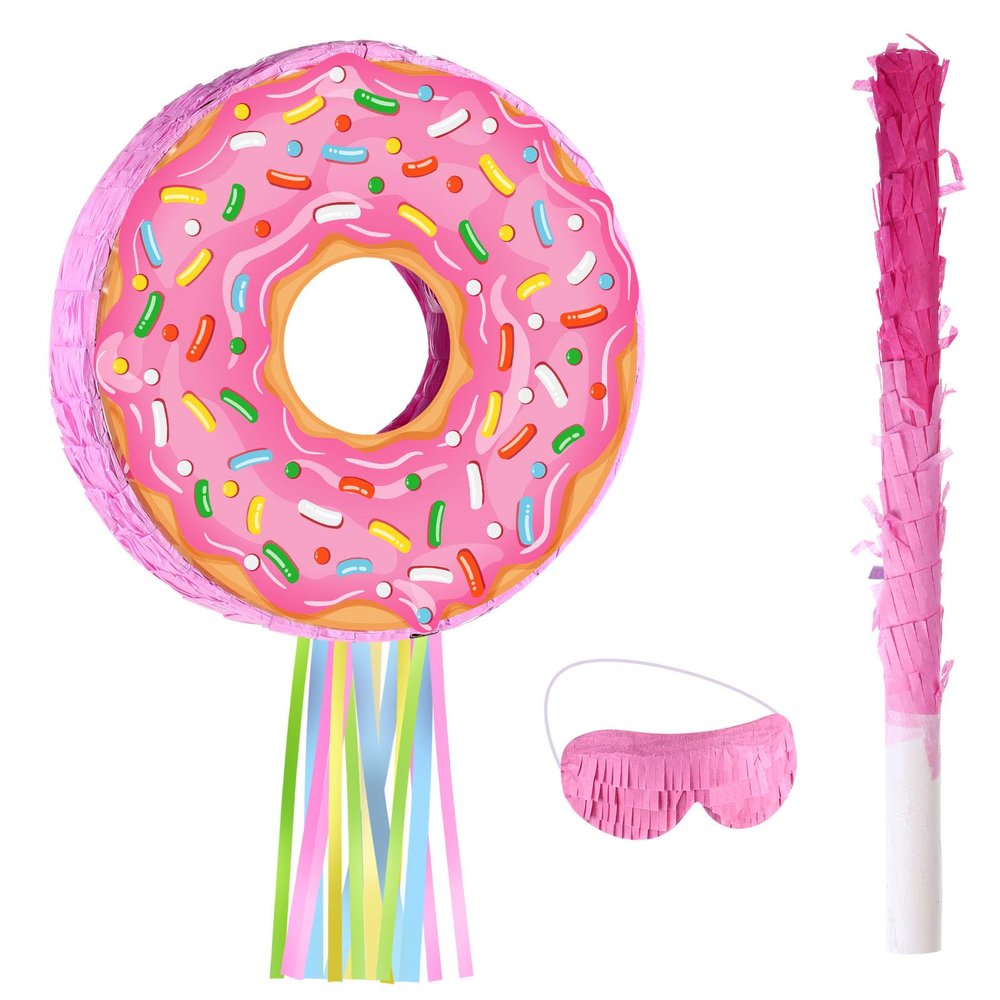 Suilung Pink Donut Piata with String, Bat and Blindfold Multicolor Colorful Small Piata for Reveal Shower Donut Grow up Theme Party Birthday Anniversary Party, 12.6 x 12.6 x 3.15 Inch
