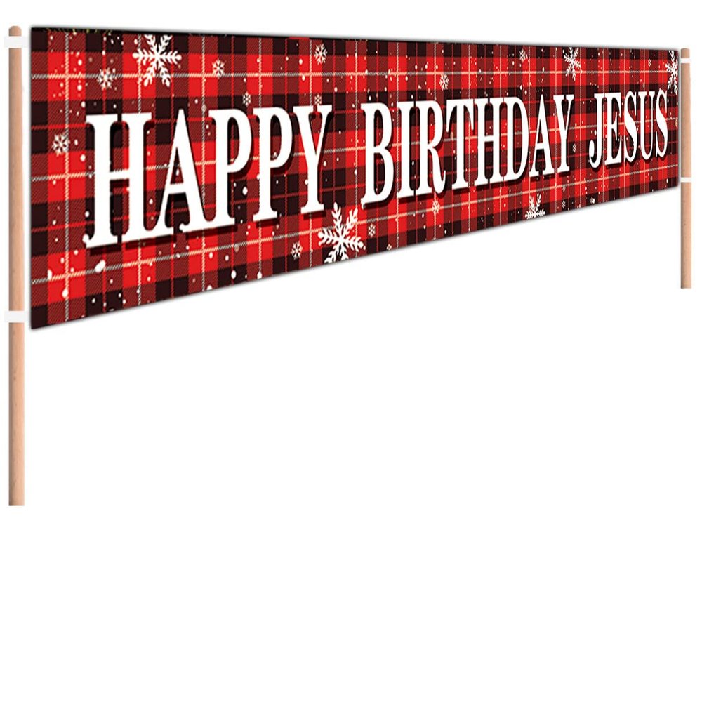 9.8 x 1.6 ft Large Happy Birthday Jesus Yard Sign Banner - Red Buffalo Plaid Christmas Holiday Winter Party Supplies Decoration