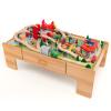 HONEY JOY Train Table, Wooden Kids Activity Table with Storage, 100 Multicolor Pieces, Tracks, Trains, Cars, Toddler Train Table Set with Reversible Tabletop, Gift for Boys Girls Age 3+, Natural view 1