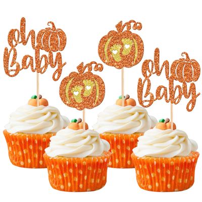 24 PCS Pumpkin Oh Baby Cupcake Toppers Glitter Baby Feet Fall Theme Cupcake Picks Cake Decorations for Pumpkin Theme Kids Birthday Party Supplies Orange