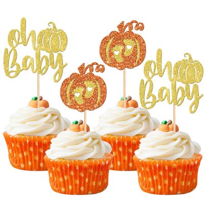 24 PCS Pumpkin Oh Baby Cupcake Toppers Glitter Feet Picks for Fall Theme Baby Shower Kids Birthday Party Cake Decorations Supplies Gold and Orange