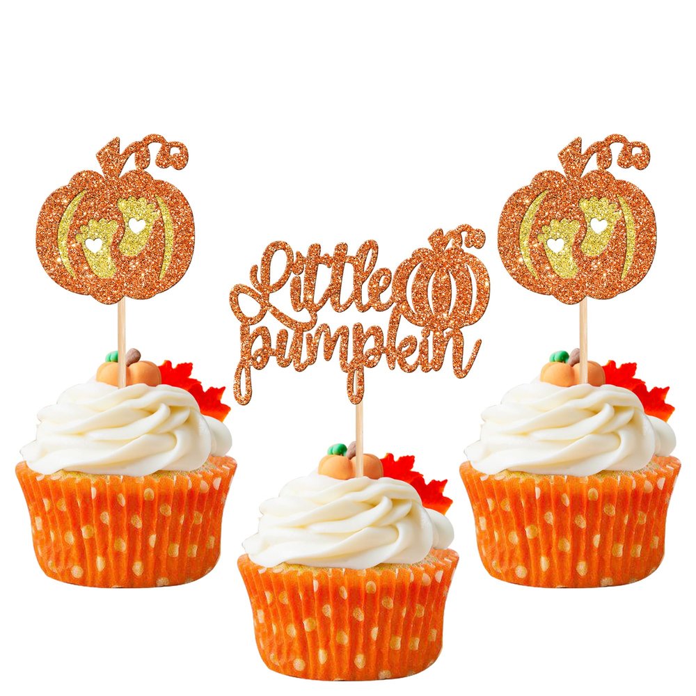 24 PCS Little Pumpkin Cupcake Toppers Glitter Baby Feet Pumpkin Cupcake Picks for Fall Theme Baby Shower Kids Birthday Party Cake Decorations Supplies Orange