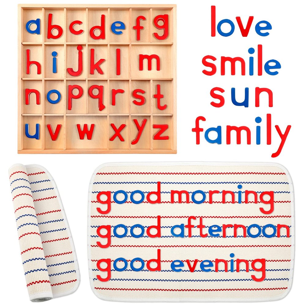 Montessori Letters Movable Wood Alphabet with Box and Large Mat Small Wooden Alphabet Letters Montessori Trays Preschool Spelling Learning Language Materials Objects, Red, Blue