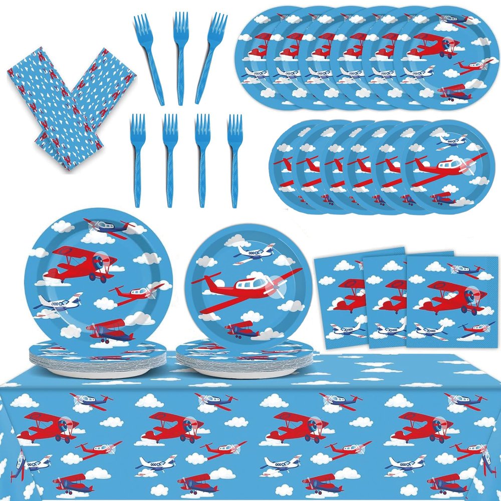 98 pieces Airplane Birthday Party Decorations Supplies Airplane Party Plates and Napkins Plane Theme Paper Tableware Set Tablecloth Baby Shower for 24 Guests 1st Birthday Helicopter Favors for Kids