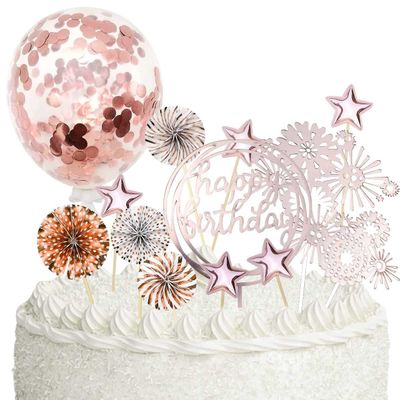 Cake Topper Decoration Set Acrylic Glitter Happy Birthday Cake Topper with Confetti Balloon Paper Fans Firework Cupcake Toppers for Rose Golden Theme Decor Women Birthday Party Supplies (Rose Gold)