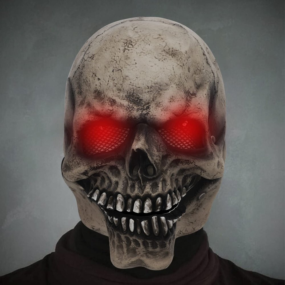 Clobeau Full Head Skull Mask With Moving Jaw and Glowing Eyes - 3D Realistic Human Skeleton Mask for Halloween Cosplay Costume, Scary Creepy Devil Skeleton Headgear for Men & Women