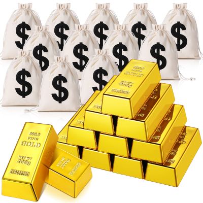 HyDren 24 Pcs Fake Gold Bar Bullion Glittering Movie Prop 2.4 Inch Gold Bar Replica 6.3 x 4.7 Inch Drawstring Money Bag Realistic Movie Prop Bullion Brick for Pirate Party Favors Bank Robber Costume