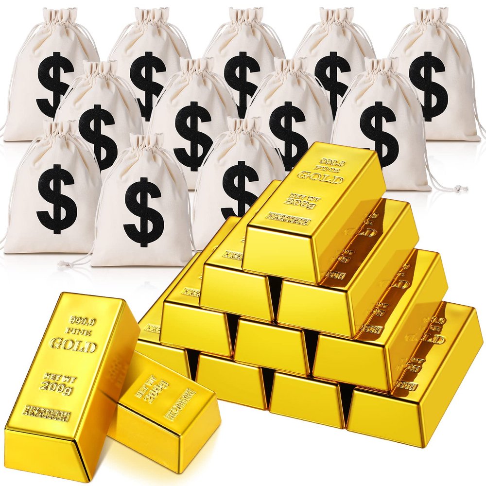 HyDren 24 Pcs Fake Gold Bar Bullion Glittering Movie Prop 2.4 Inch Gold Bar Replica 6.3 x 4.7 Inch Drawstring Money Bag Realistic Movie Prop Bullion Brick for Pirate Party Favors Bank Robber Costume