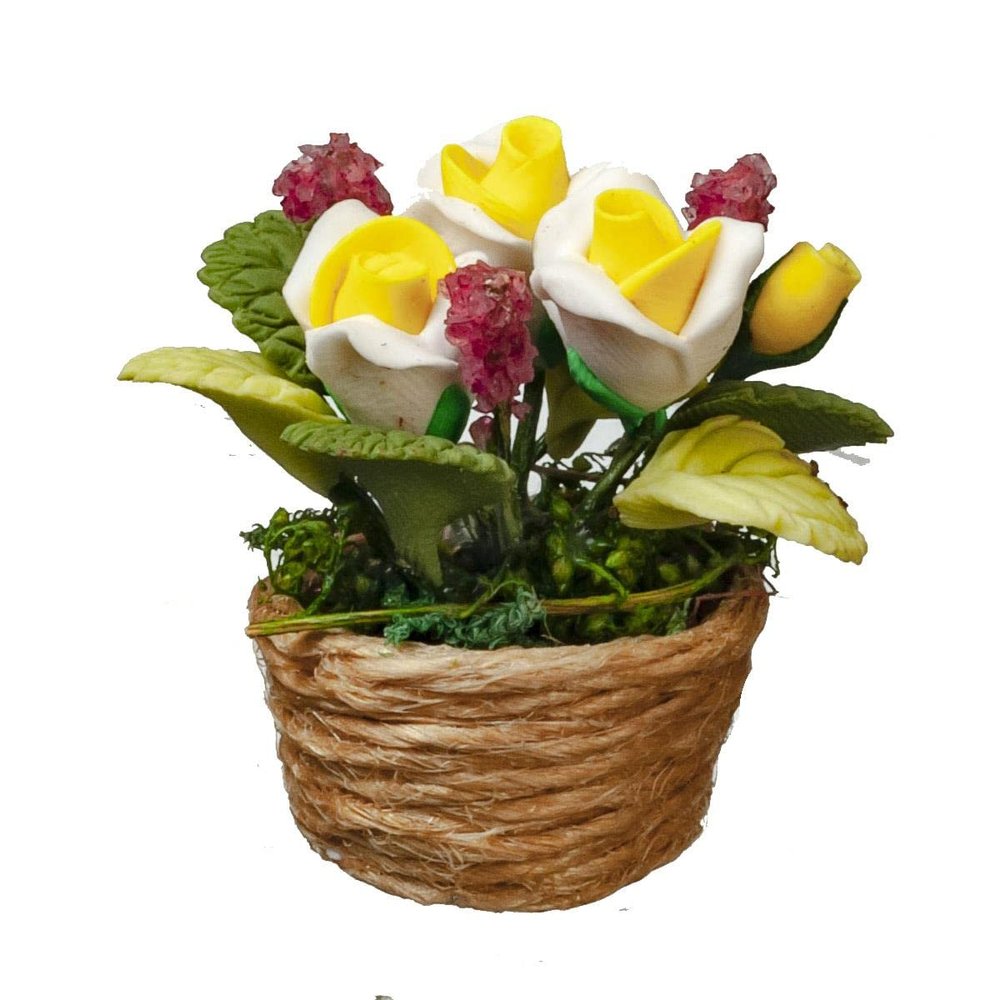 Dollhouse Roses House Plant in Rope Basket Miniature Home Garden Accessory
