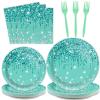 96 Pcs Teal and Silver Tableware Set for 24 Guests Happy Birthday Table Decorations Breakfast Blue Birthday Theme Dessert Plates Napkins Forks for Girls Women Silver Glitter Party Supplies view 1