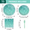 96 Pcs Teal and Silver Tableware Set for 24 Guests Happy Birthday Table Decorations Breakfast Blue Birthday Theme Dessert Plates Napkins Forks for Girls Women Silver Glitter Party Supplies view 2