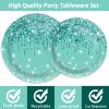96 Pcs Teal and Silver Tableware Set for 24 Guests Happy Birthday Table Decorations Breakfast Blue Birthday Theme Dessert Plates Napkins Forks for Girls Women Silver Glitter Party Supplies view 4