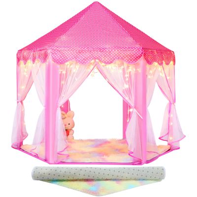 Senodeer Princess Tent with Rainbow Rug, Little Star Lights for Girls, Pink Play Tent for Kids, Girls Toys Set for Indoor Princess Games Decor, Princess Castle Playhouse