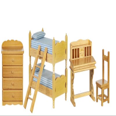 Melody Jane Dolls Houses Dollhouse Oak Bedroom Furniture Set with Bunk Bed & Desk Miniature 1:12 Scale