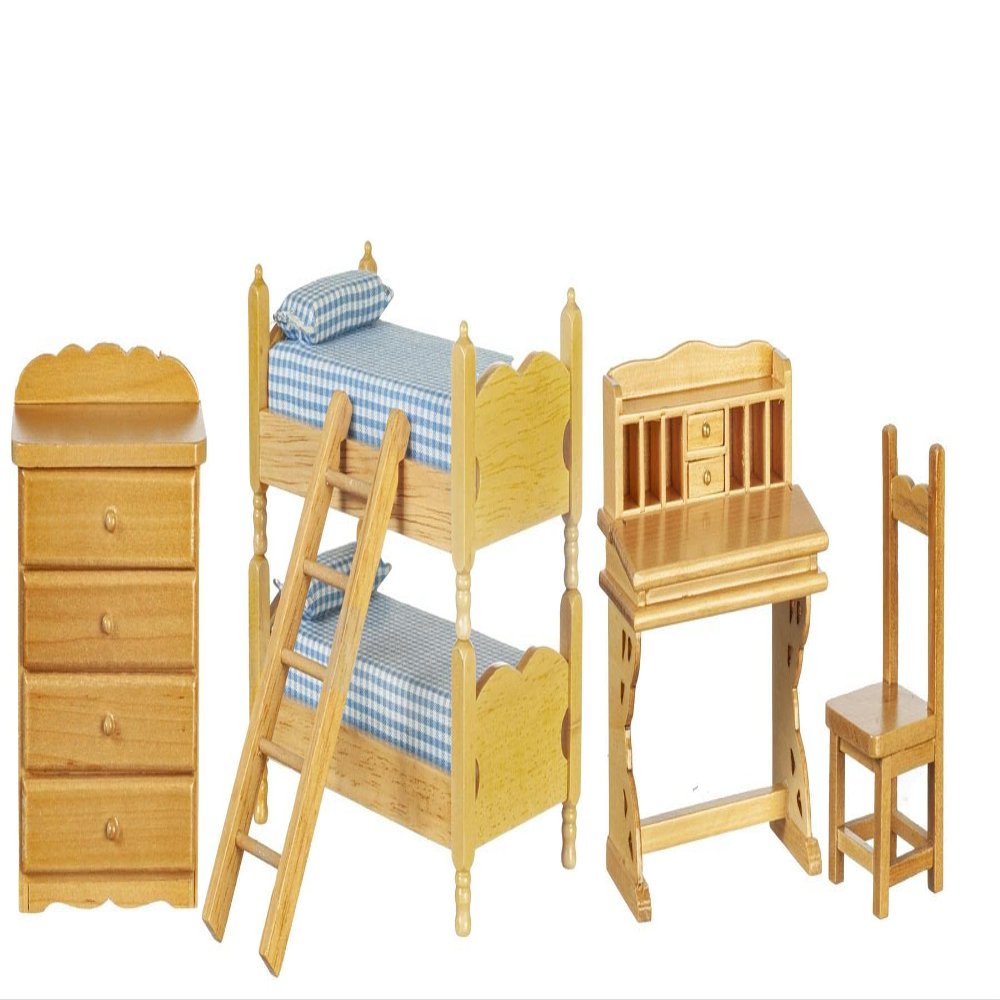 Melody Jane Dolls Houses Dollhouse Oak Bedroom Furniture Set with Bunk Bed & Desk Miniature 1:12 Scale