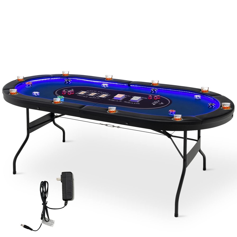Giantex 10 Players Poker Table with Cup Holder, Folding Casino Leisure Table with 4 USB Ports, Extra Lights, Easy to Assemble, Foldable Game Poker Tables for Texas, Card Games, Blue