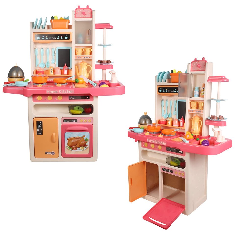 Complete Kitchen Play Set Chef's Role Play 65 PCS Accessories Set with Music Box, Egg Steamer, Real Water, Smoke, Menu Pad