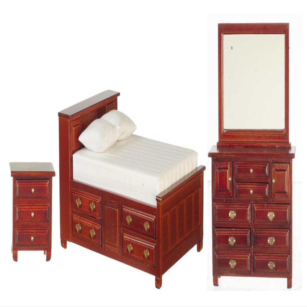 Melody Jane Dolls Houses Dollhouse Mahogany Double Bedroom Furniture Set with Storage Drawers 1:12