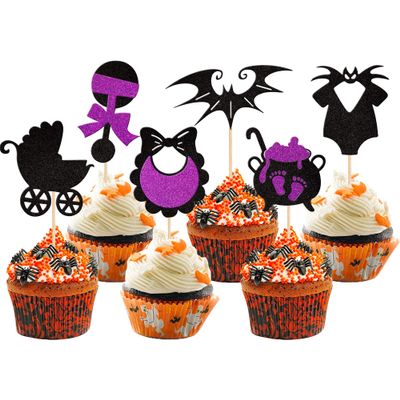 24 PCS Nightmare Theme Cupcake Toppers Glitter Bat Carriage Feet Witch Halloween Cupcake Picks for Nightmare Cristmas Baby Shower Birthday Party Cake Decorations Supplies