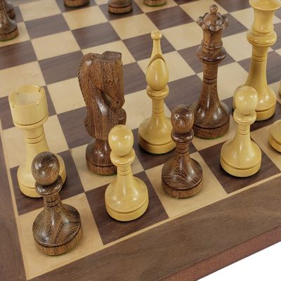3 1/2 inch King Staunton Wood Acacia Natural Boxwood Chess Set with 17 inch Walnut & Maple Board