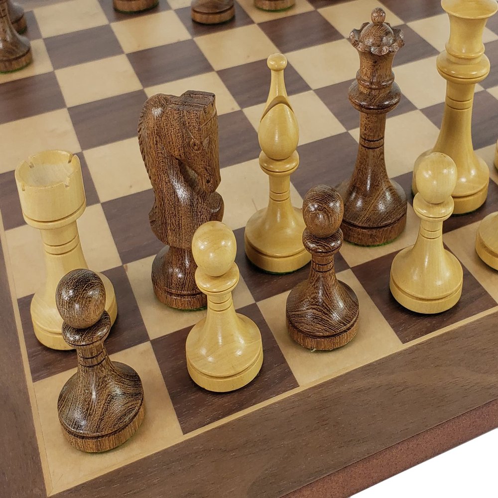 3 1/2 inch King Staunton Wood Acacia Natural Boxwood Chess Set with 17 inch Walnut & Maple Board