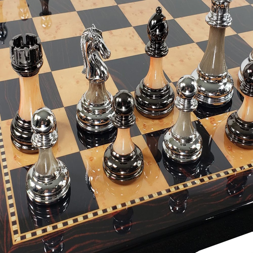 HPL Staunton Chrome & Black Chrome Chess Men Set with 18 inch Dark Walnut Color Board - 2 Player, Ages 12+