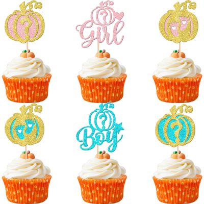 24 PCS Pumpkin Boy or Girl Cupcake Toppers Glitter Gender Reveal Pumpkin Cupcake Picks Baby Little Feet Cake Decorations for Fall Theme Baby Shower Kids Birthday Party Supplies Gold
