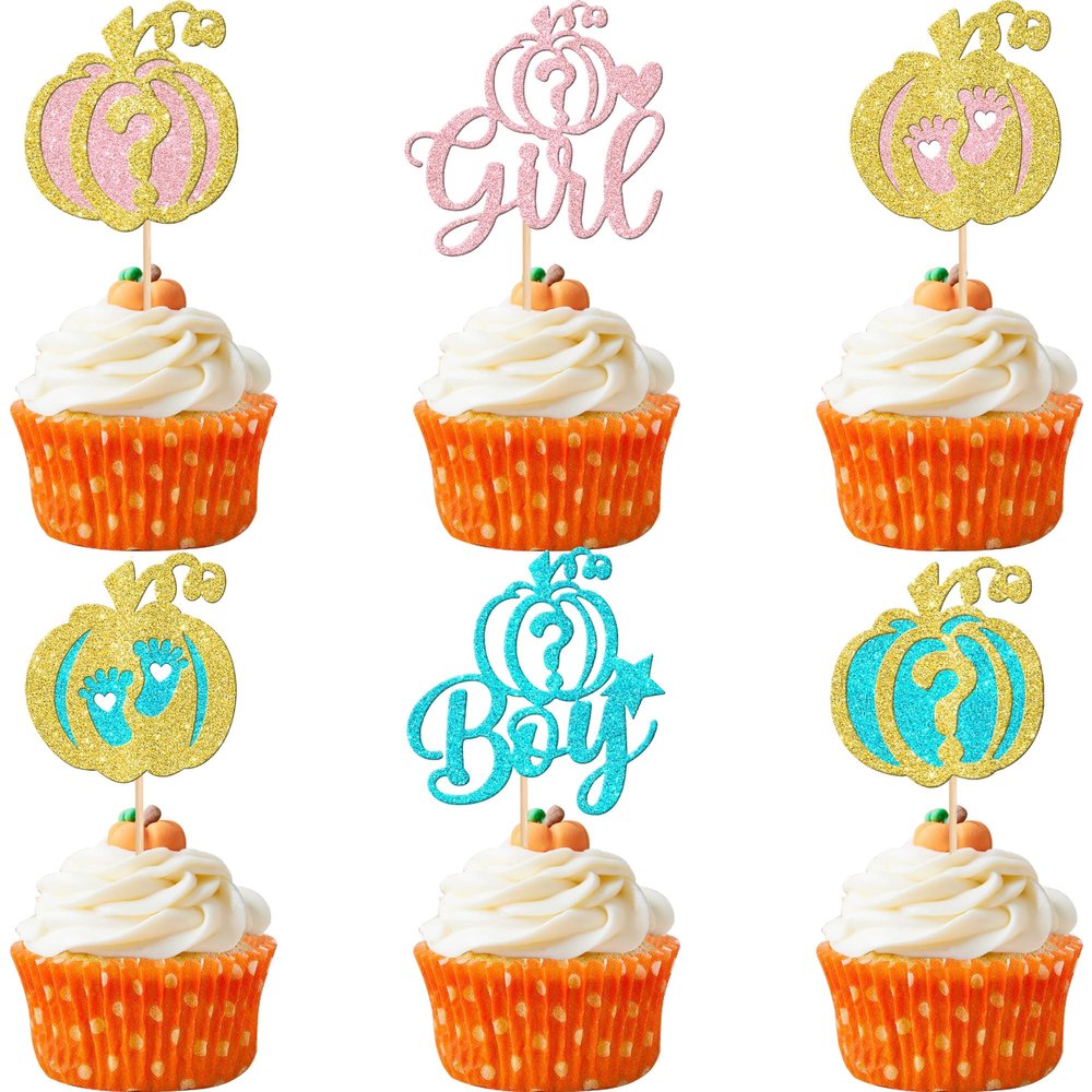 24 PCS Pumpkin Boy or Girl Cupcake Toppers Glitter Gender Reveal Pumpkin Cupcake Picks Baby Little Feet Cake Decorations for Fall Theme Baby Shower Kids Birthday Party Supplies Gold