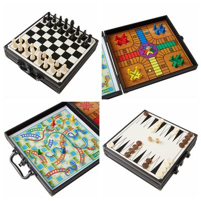 4 in 1 Tabletop Gaming Set: Chess, Ludo, Backgammon, Snakes and Ladders (Black)