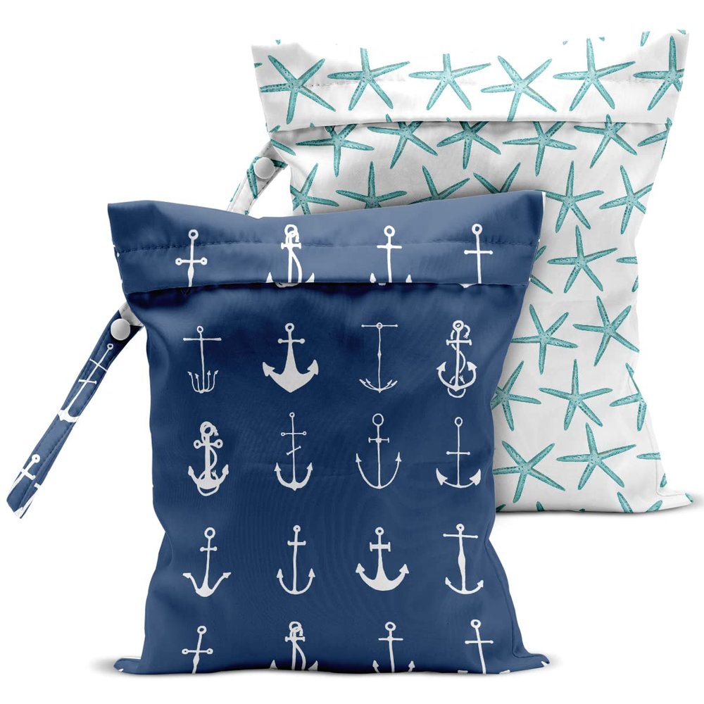 2 Pcs Wet Bag, Wet Dry Bag, Wet Bag for Swimsuit, Travel, Beach, Pool, Stroller, Diapers, Dirty Yoga Gym Clothes, Toiletries, Makeup Bag, Beach Bag Ocean Starfish Anchor Dcor Birthday Gift for Women.