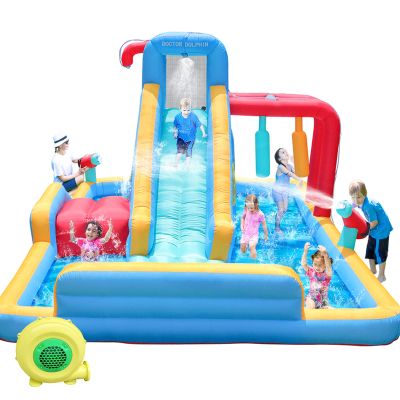 Doctor Dolphin Inflatable Water Slides, Water Bounce House with Waterslide for Kids, Blow Up Water Park Backyard, Water Slides Outdoor for Wet and Dry(550W Blower Included)