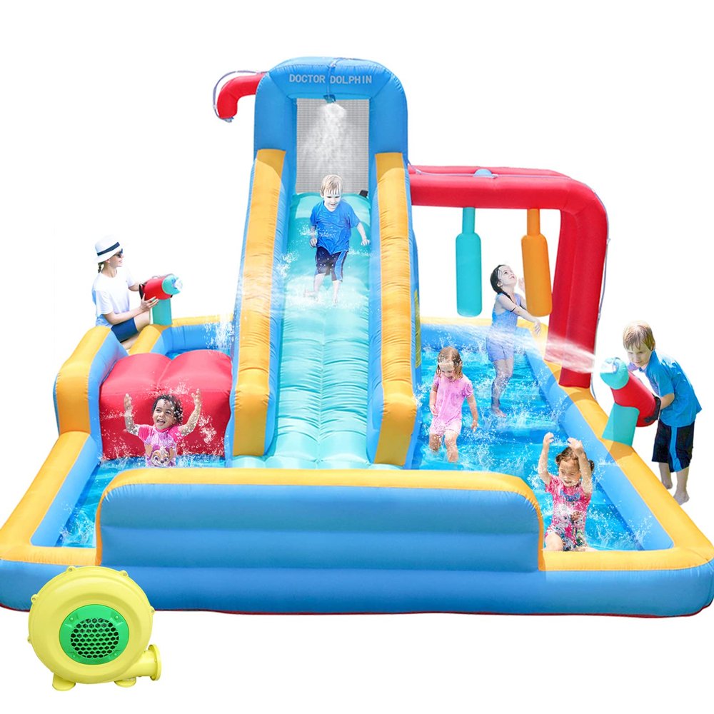Doctor Dolphin Inflatable Water Slides, Water Bounce House with Waterslide for Kids, Blow Up Water Park Backyard, Water Slides Outdoor for Wet and Dry(550W Blower Included)