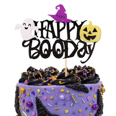 1 PCS Happy Boo Day Cake Topper Black Glitter Ghost Witch Hat Pumpkin Little Boo Halloween Cake Pick for Halloween Theme Baby Shower Kids Birthday Party Cake Decorations Supplies