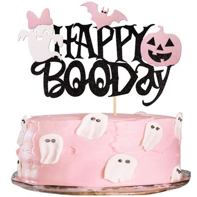 1 PCS Happy Boo Day Cake Topper Black and Pink Glitter Spooky Bow Bat Pumpkin Cake Pick Halloween Little Boo Cake Decorations for Halloween Theme Baby Shower Kids Birthday Party Supplies