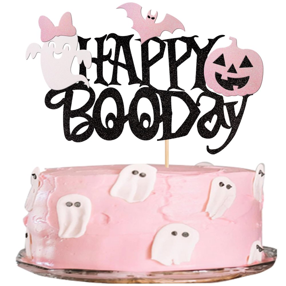1 PCS Happy Boo Day Cake Topper Black and Pink Glitter Spooky Bow Bat Pumpkin Cake Pick Halloween Little Boo Cake Decorations for Halloween Theme Baby Shower Kids Birthday Party Supplies