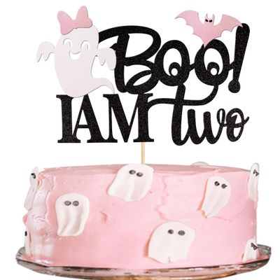 1 PCS Boo I'm Two Cake Topper with Pink Glitter Spooky Bow Bat Halloween 2nd Birthday Cake Pick Here for the Boo Baby Shower 2nd Birthday Party Cake Decorations Supplies