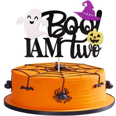 1 PCS Boo I'm Two Cake Topper Glitter Ghost Witch Hat Pumpkin Halloween 2nd Birthday Cake Pick Decoration Here for the Boo Baby Shower 2nd Birthday Party Decorations Supplies